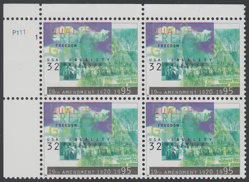 USA Michel 2614 / Scott 2980 postfrisch PLATEBLOCK ECKRAND oben links m/ Platten-# P1111-1 (b) - Frauenwahlrecht: 75 Jahre 19. Verfassungszusatz