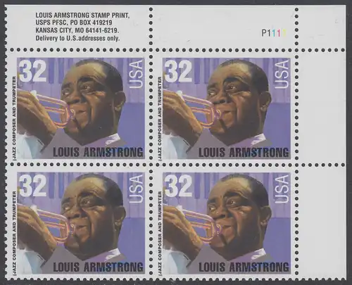 USA Michel 2615 / Scott 2982 postfrisch PLATEBLOCK ECKRAND oben rechts m/ Platten-# P1111 - Amerikanische Musikgeschichte: Louis Armstrong (1901-1971), Jazztrompeter und Sänger