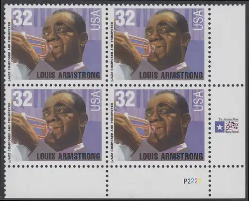 USA Michel 2615 / Scott 2982 postfrisch PLATEBLOCK ECKRAND unten rechts m/ Platten-# P1111 (a) - Amerikanische Musikgeschichte: Louis Armstrong (1901-1971), Jazztrompeter und Sänger
