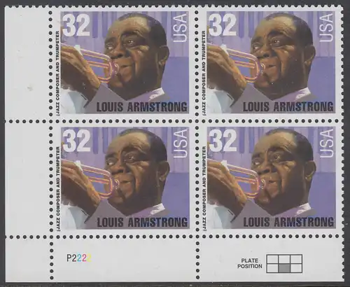 USA Michel 2615 / Scott 2982 postfrisch PLATEBLOCK ECKRAND unten links m/ Platten-# P1111 - Amerikanische Musikgeschichte: Louis Armstrong (1901-1971), Jazztrompeter und Sänger