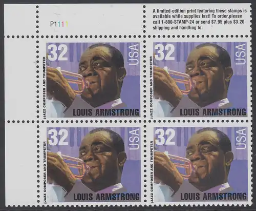 USA Michel 2615 / Scott 2982 postfrisch PLATEBLOCK ECKRAND oben links m/ Platten-# P1111 - Amerikanische Musikgeschichte: Louis Armstrong (1901-1971), Jazztrompeter und Sänger