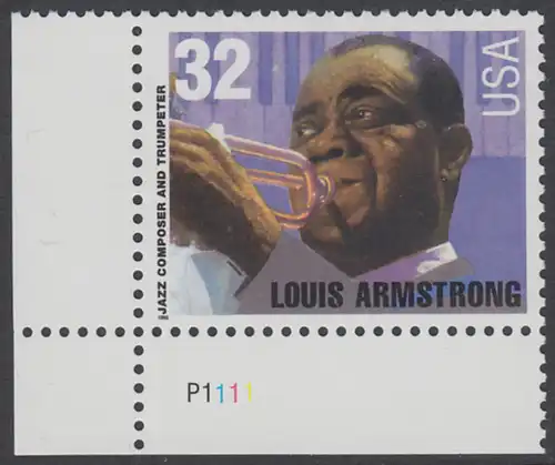 USA Michel 2615 / Scott 2982 postfrisch EINZELMARKE ECKRAND unten links m/ Platten-# P2222 - Amerikanische Musikgeschichte: Louis Armstrong (1901-1971), Jazztrompeter und Sänger