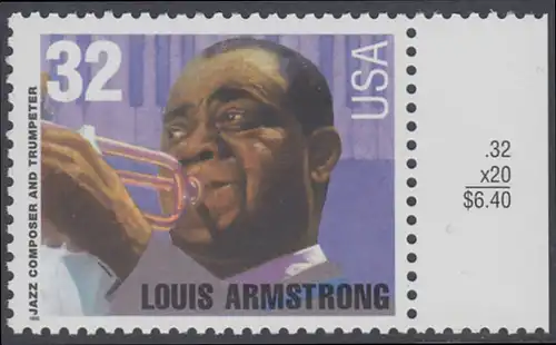 USA Michel 2615 / Scott 2982 postfrisch EINZELMARKE RAND rechts - Amerikanische Musikgeschichte: Louis Armstrong (1901-1971), Jazztrompeter und Sänger