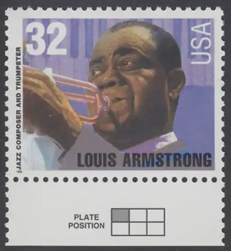 USA Michel 2615 / Scott 2982 postfrisch EINZELMARKE RAND unten - Amerikanische Musikgeschichte: Louis Armstrong (1901-1971), Jazztrompeter und Sänger