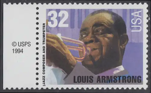USA Michel 2615 / Scott 2982 postfrisch EINZELMARKE RAND links m/ copyright symbol - Amerikanische Musikgeschichte: Louis Armstrong (1901-1971), Jazztrompeter und Sänger
