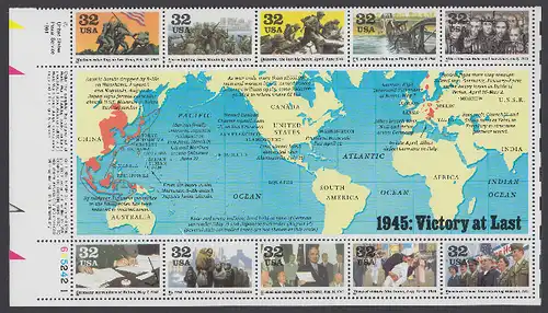 USA Michel 2616-2625 / Scott 2981 postfrisch BLOCKAUSGABE(10) ECKRAND unten links m/ Platten-# 645242-1 - Die Geschichte des Zweiten Weltkrieges (V): Das Jahr 1945