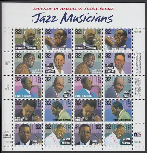 USA Michel 2627-2636 / Scott 2983-2992 postfrisch BOGEN(25) m/ Platten-# P111111 (a) - Amerikanische Musikgeschichte: Jazz-Musiker