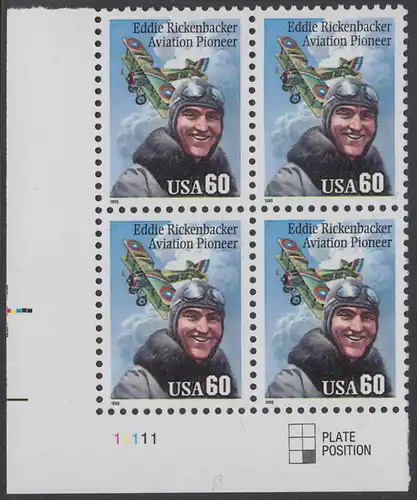 USA Michel 2642 / Scott 2998 postfrisch PLATEBLOCK ECKRAND unten links m/ Platten-# 11111 - Flugpioniere: Eddie Rickenbacker (1890-1973); Spad XIII-Doppeldecker