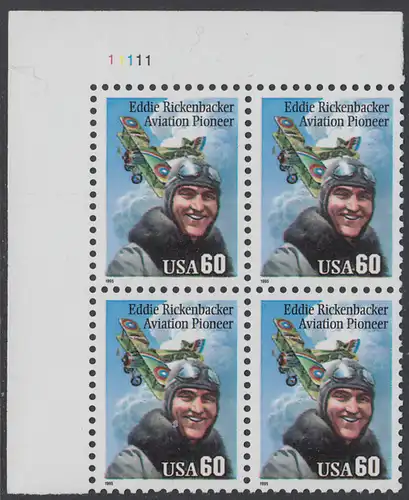 USA Michel 2642 / Scott 2998 postfrisch PLATEBLOCK ECKRAND oben links m/ Platten-# 11111 - Flugpioniere: Eddie Rickenbacker (1890-1973); Spad XIII-Doppeldecker