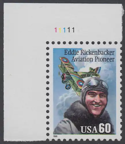 USA Michel 2642 / Scott 2998 postfrisch EINZELMARKE ECKRAND oben links m/ Platten-# 11111 - Flugpioniere: Eddie Rickenbacker (1890-1973); Spad XIII-Doppeldecker