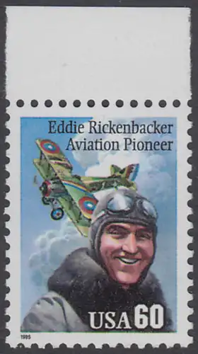 USA Michel 2642 / Scott 2998 postfrisch EINZELMARKE RAND oben - Flugpioniere: Eddie Rickenbacker (1890-1973); Spad XIII-Doppeldecker