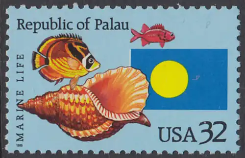 USA Michel 2643 / Scott 2999 postfrisch EINZELMARKE - 1 Jahr Unabhängigkeit Palaus: Fische, Meeresschnecke, Staatsflagge von Palau