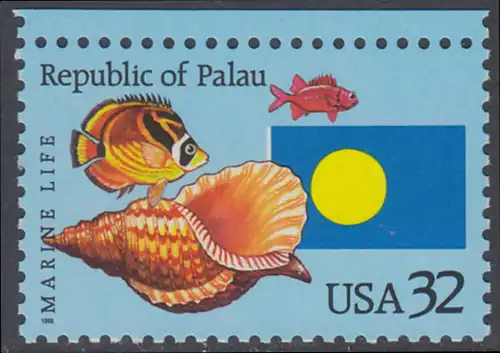 USA Michel 2643 / Scott 2999 postfrisch EINZELMARKE RAND oben - 1 Jahr Unabhängigkeit Palaus: Fische, Meeresschnecke, Staatsflagge von Palau