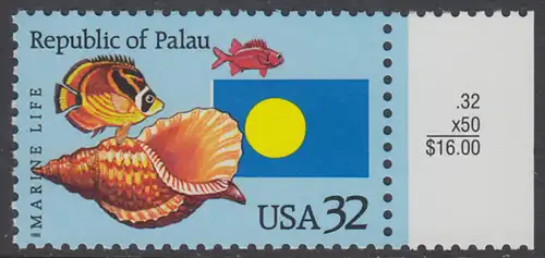 USA Michel 2643 / Scott 2999 postfrisch EINZELMARKE rechts (a2) - 1 Jahr Unabhängigkeit Palaus: Fische, Meeresschnecke, Staatsflagge von Palau