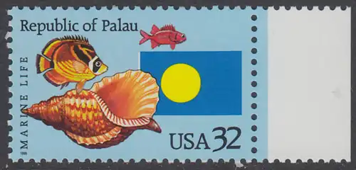USA Michel 2643 / Scott 2999 postfrisch EINZELMARKE rechts (a1) - 1 Jahr Unabhängigkeit Palaus: Fische, Meeresschnecke, Staatsflagge von Palau