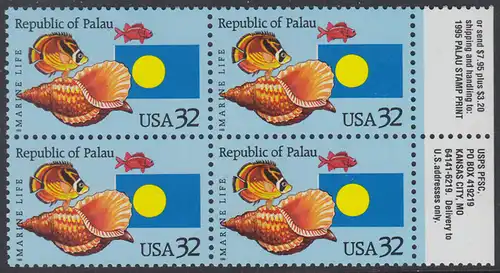 USA Michel 2643 / Scott 2999 postfrisch BLOCK RÄNDER rechts (a2) - 1 Jahr Unabhängigkeit Palaus: Fische, Meeresschnecke, Staatsflagge von Palau