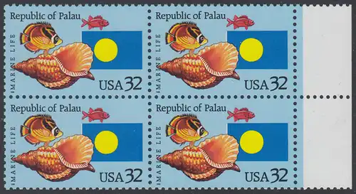 USA Michel 2643 / Scott 2999 postfrisch BLOCK RÄNDER rechts (a3) - 1 Jahr Unabhängigkeit Palaus: Fische, Meeresschnecke, Staatsflagge von Palau