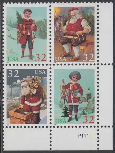 USA Michel 2644-2647 / Scott 3004-3007 postfrisch PLATEBLOCK ECKRAND unten rechts m/ Platten-# P1111 - Weihnachten