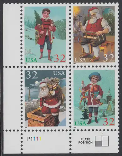 USA Michel 2644-2647 / Scott 3004-3007 postfrisch PLATEBLOCK ECKRAND unten links m/ Platten-# P1111 (a) - Weihnachten