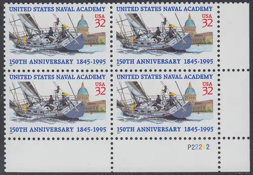 USA Michel 2672 / Scott 3001 postfrisch PLATEBLOCK ECKRAND unten rechts m/ Platten-# P22222 (b) - 150 Jahre Marineakademie, Annapolis, MD: Segeljacht vor Marineakademie