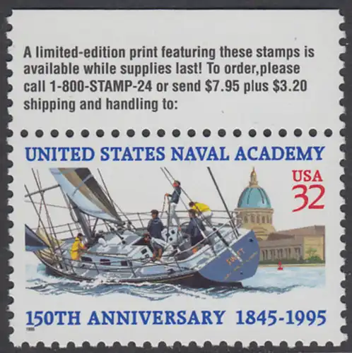 USA Michel 2672 / Scott 3001 postfrisch EINZELMARKE RAND oben - 150 Jahre Marineakademie, Annapolis, MD: Segeljacht vor Marineakademie
