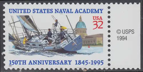 USA Michel 2672 / Scott 3001 postfrisch EINZELMARKE RAND rechts m/ copyright symbol - 150 Jahre Marineakademie, Annapolis, MD: Segeljacht vor Marineakademie