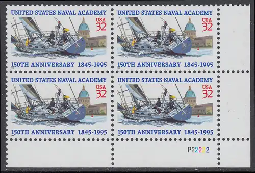 USA Michel 2672 / Scott 3001 postfrisch PLATEBLOCK ECKRAND unten rechts m/ Platten-# P22222 (a) - 150 Jahre Marineakademie, Annapolis, MD: Segeljacht vor Marineakademie
