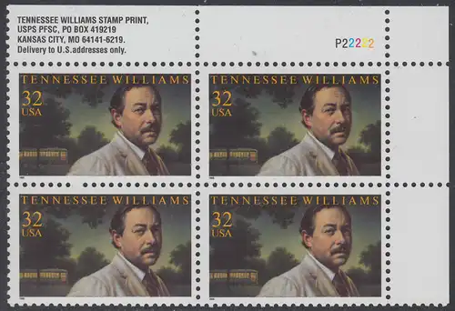 USA Michel 2673 / Scott 3002 postfrisch PLATEBLOCK ECKRAND oben rechts m/ Platten-# P22222 (b) - Tennessee Williams (1911-1983), Schriftsteller