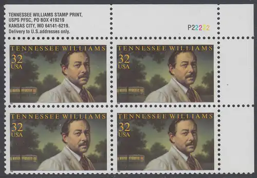 USA Michel 2673 / Scott 3002 postfrisch PLATEBLOCK ECKRAND oben rechts m/ Platten-# P22222 (c) - Tennessee Williams (1911-1983), Schriftsteller