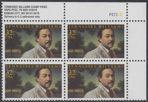 USA Michel 2673 / Scott 3002 postfrisch PLATEBLOCK ECKRAND oben rechts m/ Platten-# P22222 (a) - Tennessee Williams (1911-1983), Schriftsteller