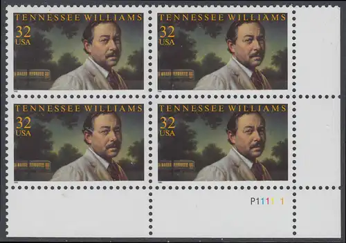 USA Michel 2673 / Scott 3002 postfrisch PLATEBLOCK ECKRAND unten rechts m/ Platten-# P11111 (a) - Tennessee Williams (1911-1983), Schriftsteller