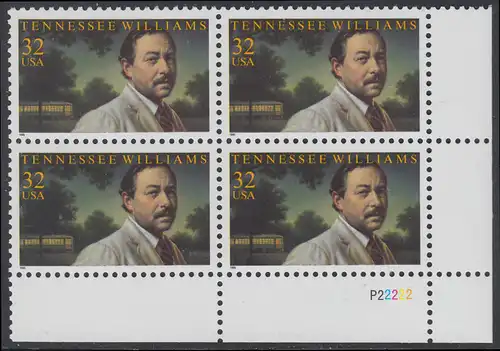 USA Michel 2673 / Scott 3002 postfrisch PLATEBLOCK ECKRAND unten rechts m/ Platten-# P22222 (c) - Tennessee Williams (1911-1983), Schriftsteller