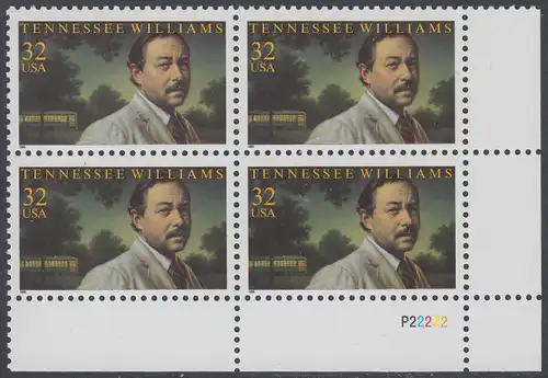 USA Michel 2673 / Scott 3002 postfrisch PLATEBLOCK ECKRAND unten rechts m/ Platten-# P22222 (d) - Tennessee Williams (1911-1983), Schriftsteller