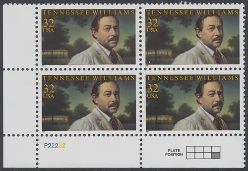 USA Michel 2673 / Scott 3002 postfrisch PLATEBLOCK ECKRAND unten links m/ Platten-# P22222 (b) - Tennessee Williams (1911-1983), Schriftsteller