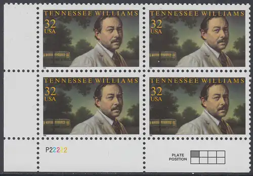 USA Michel 2673 / Scott 3002 postfrisch PLATEBLOCK ECKRAND unten links m/ Platten-# P22222 (a) - Tennessee Williams (1911-1983), Schriftsteller