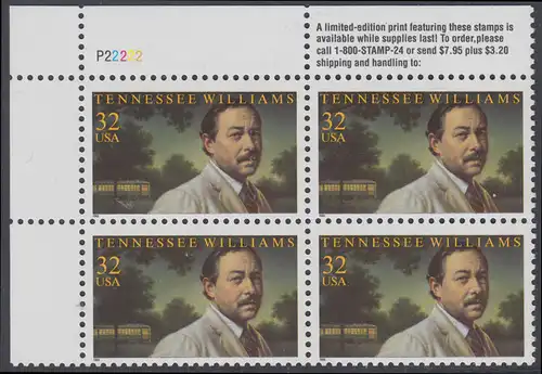 USA Michel 2673 / Scott 3002 postfrisch PLATEBLOCK ECKRAND oben links m/ Platten-# P22222 (b) - Tennessee Williams (1911-1983), Schriftsteller