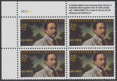 USA Michel 2673 / Scott 3002 postfrisch PLATEBLOCK ECKRAND oben links m/ Platten-# P22222 (a) - Tennessee Williams (1911-1983), Schriftsteller