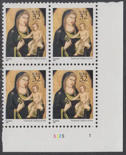 USA Michel 2674A / Scott 3003 postfrisch PLATEBLOCK ECKRAND unten rechts m/ Platten-# 5325-1 (b) - Weihnachten: Maria mit Kind