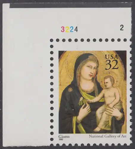 USA Michel 2674A / Scott 3003 postfrisch EINZELMARKE ECKRAND oben links m/ Platten-# 3224_2 - Weihnachten: Maria mit Kind