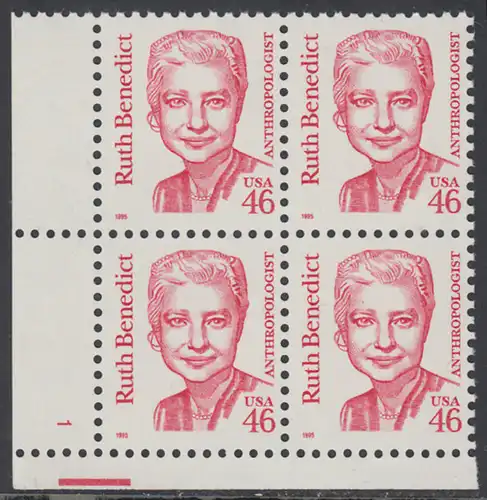 USA Michel 2677 / Scott 2938 postfrisch PLATEBLOCK ECKRAND unten links m/ Platten-# 1 - Amerikanische Persönlichkeiten: Ruth Benedict (1887-1948), Anthropologin