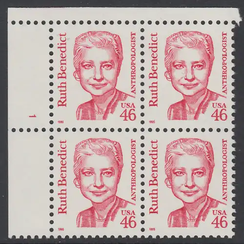 USA Michel 2677 / Scott 2938 postfrisch PLATEBLOCK ECKRAND oben links m/ Platten-# 1 - Amerikanische Persönlichkeiten: Ruth Benedict (1887-1948), Anthropologin