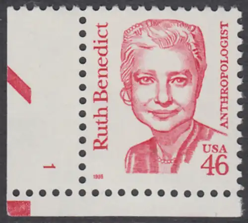 USA Michel 2677 / Scott 2938 postfrisch EINZELMARKE ECKRAND unten links m/ Platten-# 1 - Amerikanische Persönlichkeiten: Ruth Benedict (1887-1948), Anthropologin