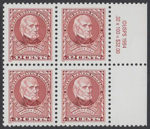 USA Michel 2678 / Scott 2587 postfrisch BLOCK RÄNDER rechts m/ copyright symbol - 200. Geburtstag von James K. Polk (1795-1849), 11. Präsident (reg. 1845-1849)
