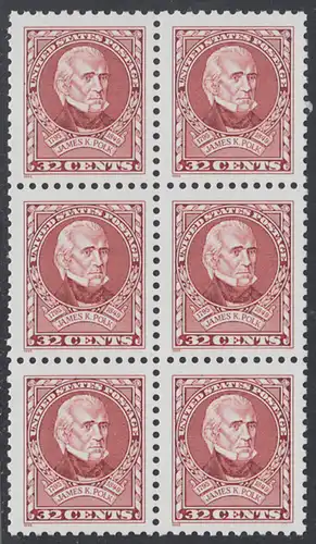 USA Michel 2678 / Scott 2587 postfrisch vert.BLOCK(6) - 200. Geburtstag von James K. Polk (1795-1849), 11. Präsident (reg. 1845-1849)