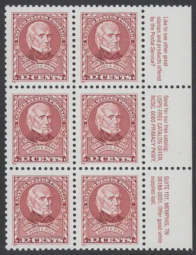 USA Michel 2678 / Scott 2587 postfrisch vert.BLOCK(6) RÄNDER rechts m/ Inschrift - 200. Geburtstag von James K. Polk (1795-1849), 11. Präsident (reg. 1845-1849)