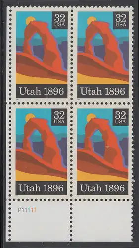 USA Michel 2684 / Scott 3024 postfrisch PLATEBLOCK ECKRAND unten links m/ Platten-# P11111 - 100 Jahre Bundesstaat Utah; Delicate Arch, Arches-Nationalpark