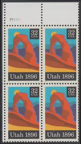 USA Michel 2684 / Scott 3024 postfrisch PLATEBLOCK ECKRAND oben links m/ Platten-# P11111 - 100 Jahre Bundesstaat Utah; Delicate Arch, Arches-Nationalpark
