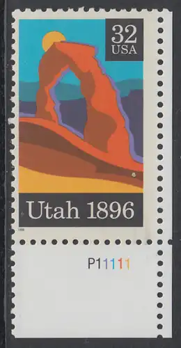 USA Michel 2684 / Scott 3024 postfrisch EINZELMARKE ECKRAND unten rechts m/ Platten-# P11111 (a1) - 100 Jahre Bundesstaat Utah; Delicate Arch, Arches-Nationalpark