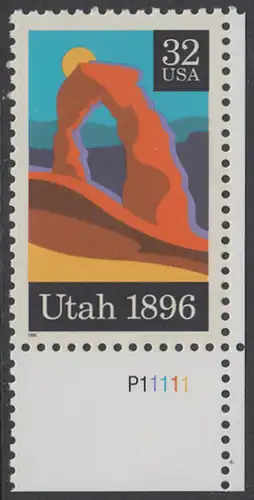 USA Michel 2684 / Scott 3024 postfrisch EINZELMARKE ECKRAND unten rechts m/ Platten-# P11111 (a2) - 100 Jahre Bundesstaat Utah; Delicate Arch, Arches-Nationalpark