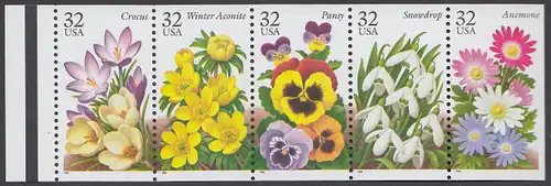 USA Michel 2685-2689 / Scott 3020-3024 postfrisch Markenheftchenblatt(5) RAND links m/ Platten-# - Gartenblumen des Winters
